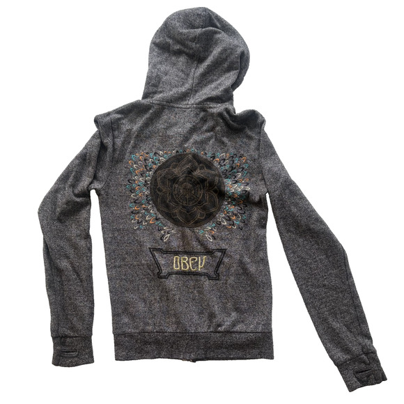 Obey Zip Up Hoodie Embroidered Graphic Gray Sweatshirt Thumb Holes Womens XS - Picture 1 of 5